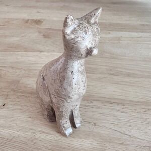 Vintage Carved Soapstone Cat Figurine Beige Brown Veined 5" Tall Decor Sculpture